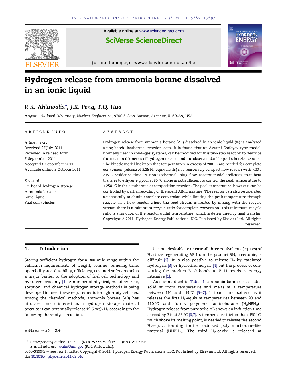 Hydrogen release from ammonia borane dissolved in an ionic liquid