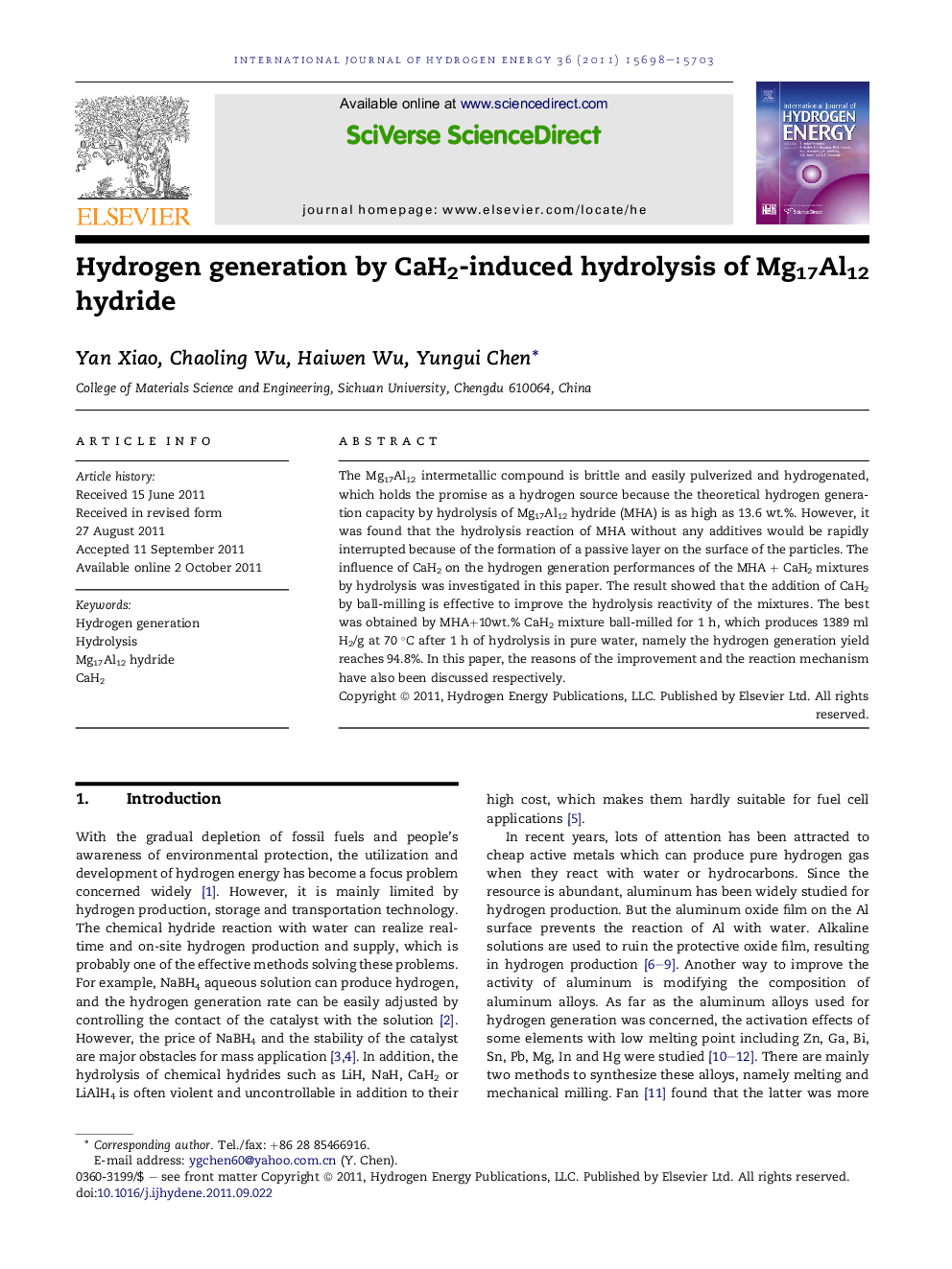 Hydrogen generation by CaH2-induced hydrolysis of Mg17Al12 hydride