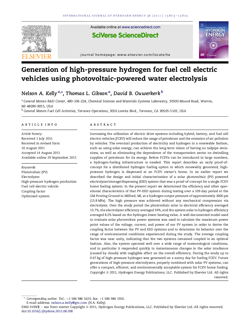 Generation of high-pressure hydrogen for fuel cell electric vehicles using photovoltaic-powered water electrolysis