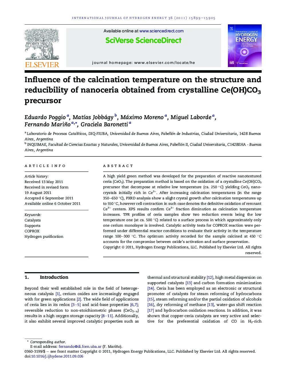 Influence of the calcination temperature on the structure and reducibility of nanoceria obtained from crystalline Ce(OH)CO3 precursor