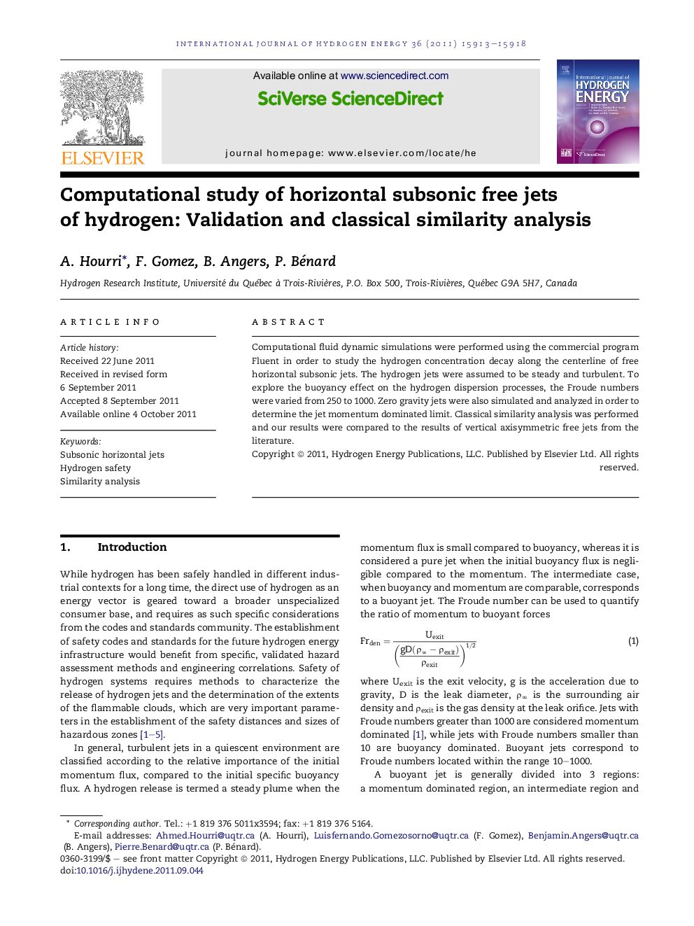 Computational study of horizontal subsonic free jets of hydrogen: Validation and classical similarity analysis