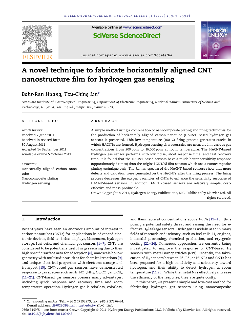 A novel technique to fabricate horizontally aligned CNT nanostructure film for hydrogen gas sensing