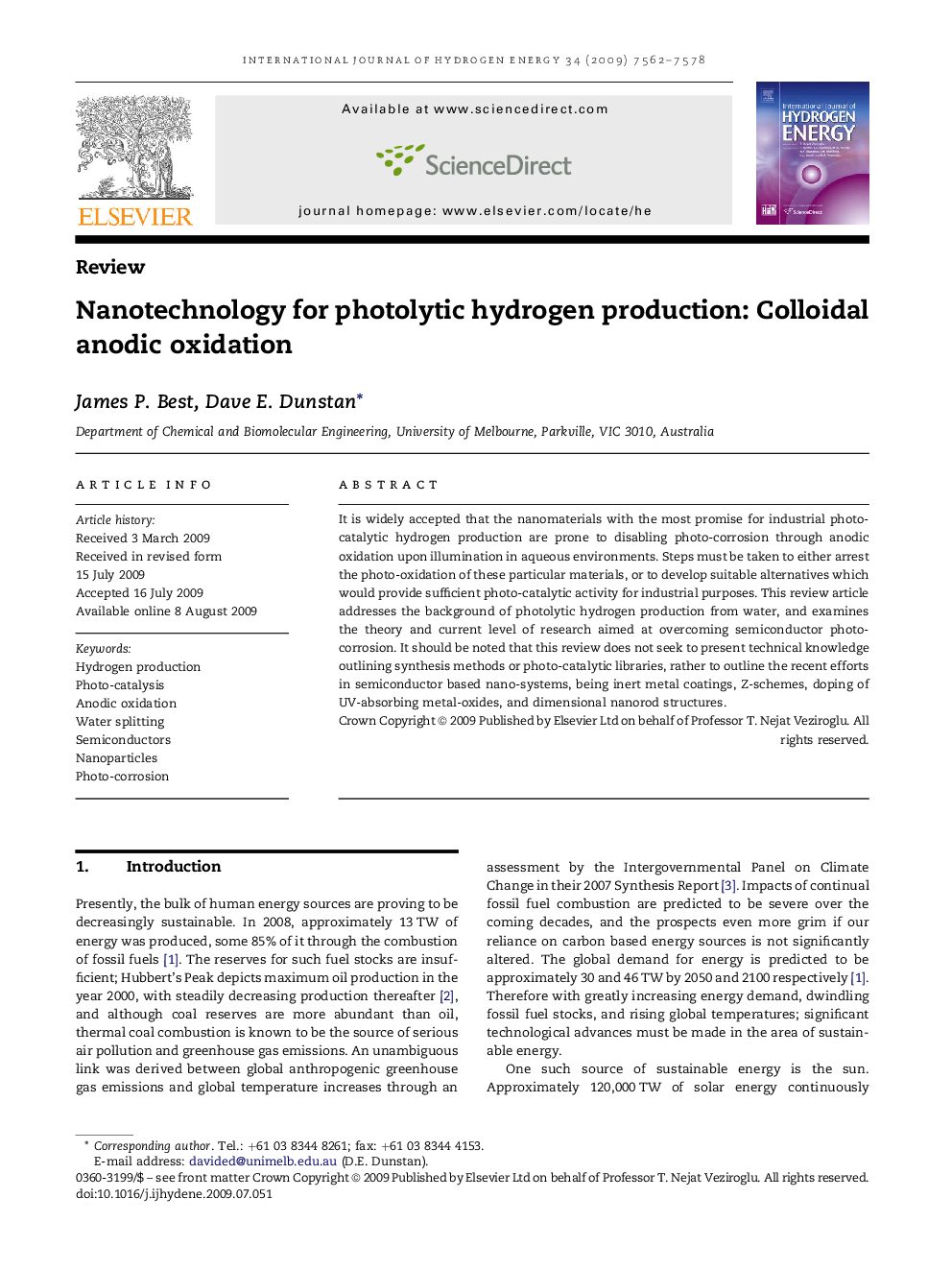 Nanotechnology for photolytic hydrogen production: Colloidal anodic oxidation