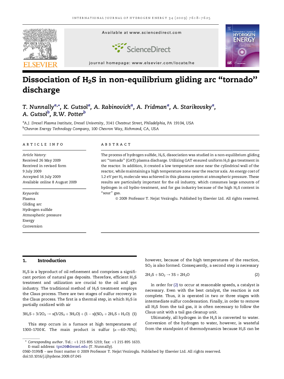 Dissociation of H2S in non-equilibrium gliding arc “tornado” discharge