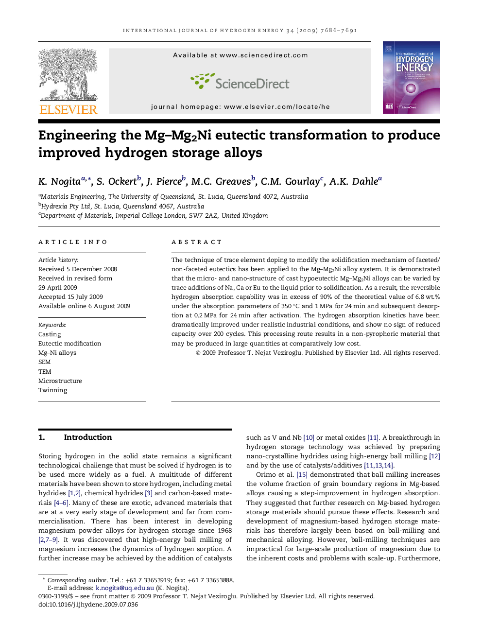 Engineering the Mg–Mg2Ni eutectic transformation to produce improved hydrogen storage alloys