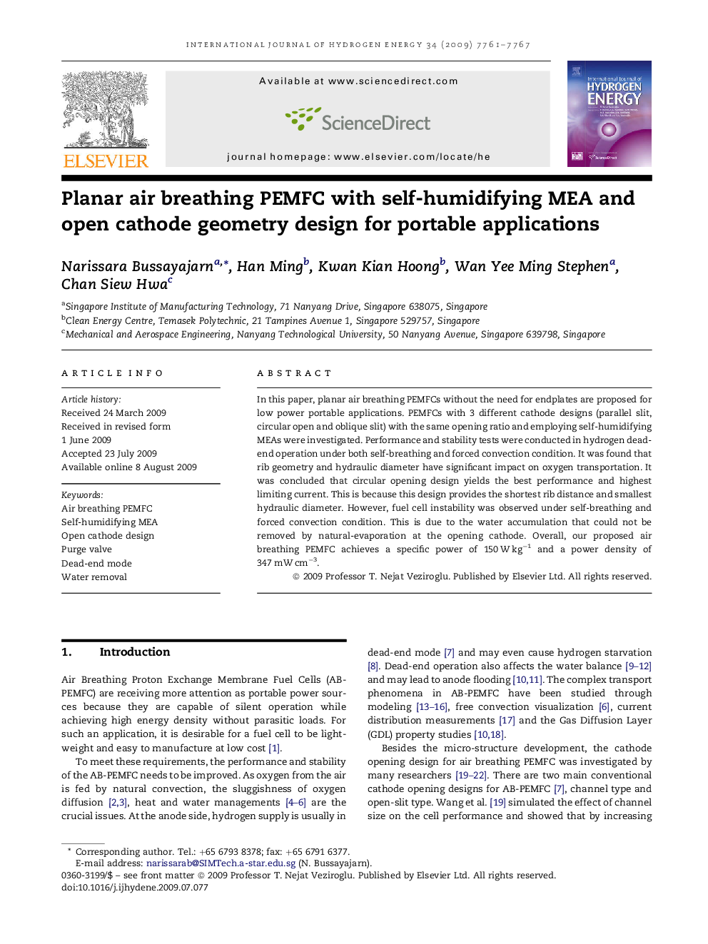 Planar air breathing PEMFC with self-humidifying MEA and open cathode geometry design for portable applications