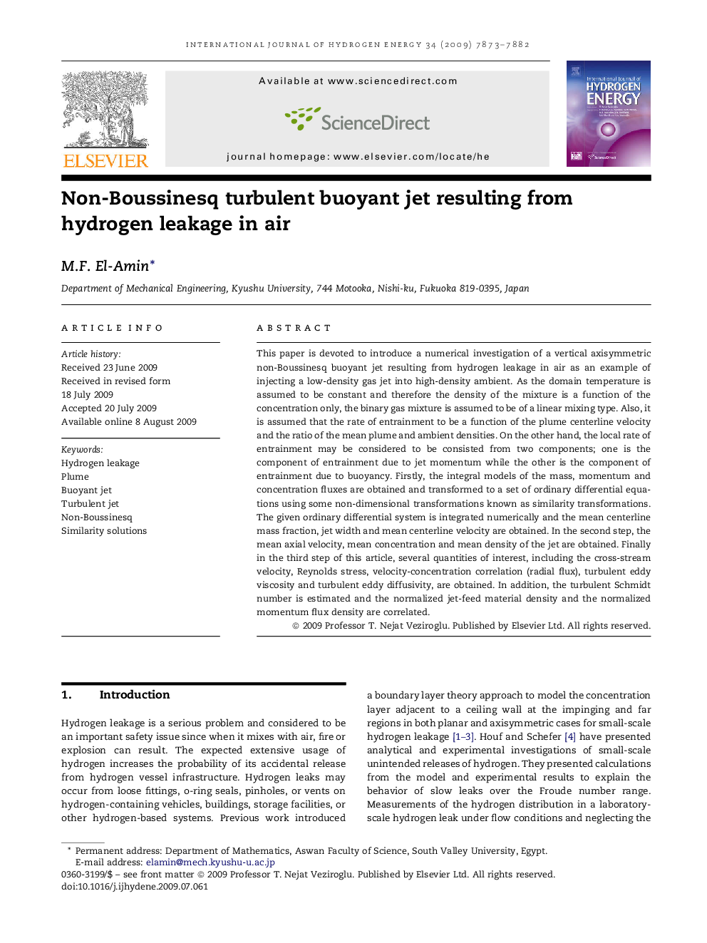 Non-Boussinesq turbulent buoyant jet resulting from hydrogen leakage in air