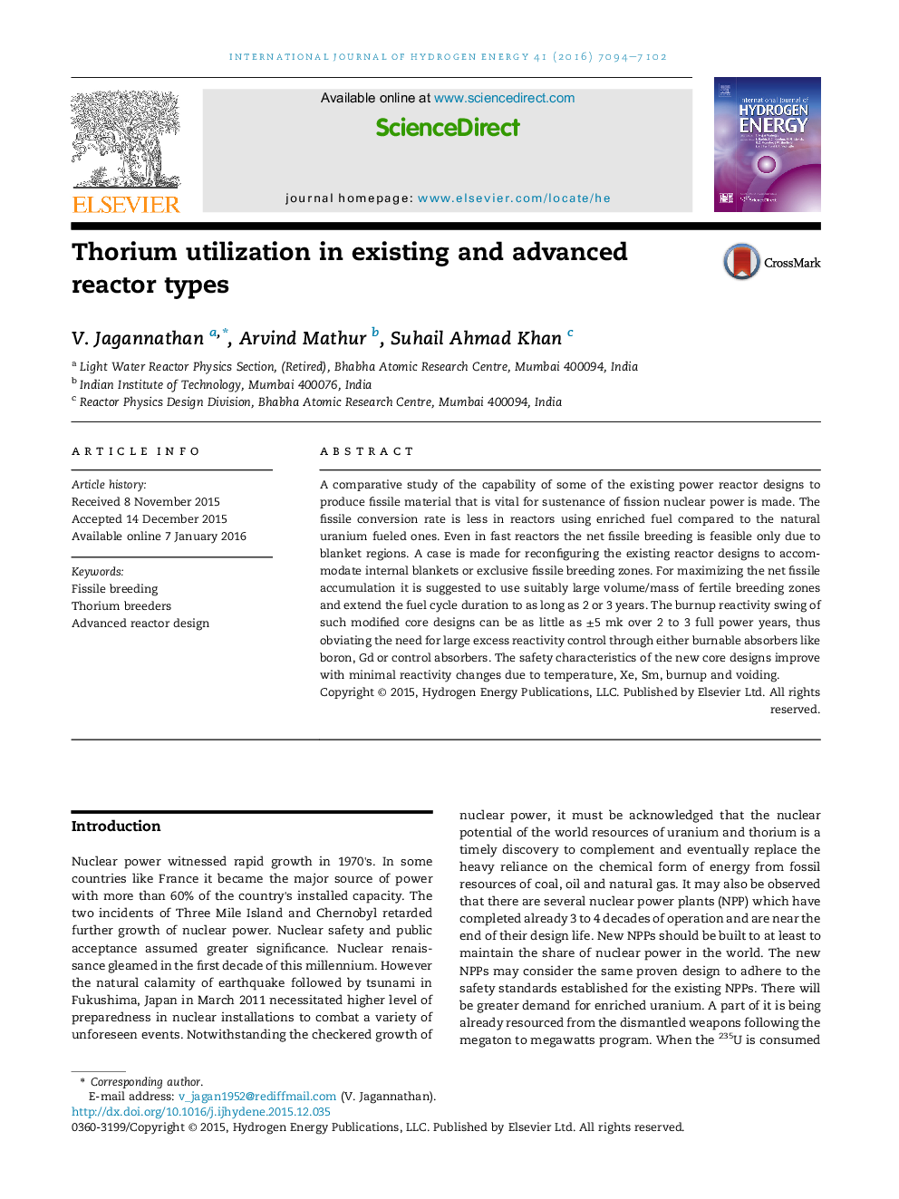 Thorium utilization in existing and advanced reactor types