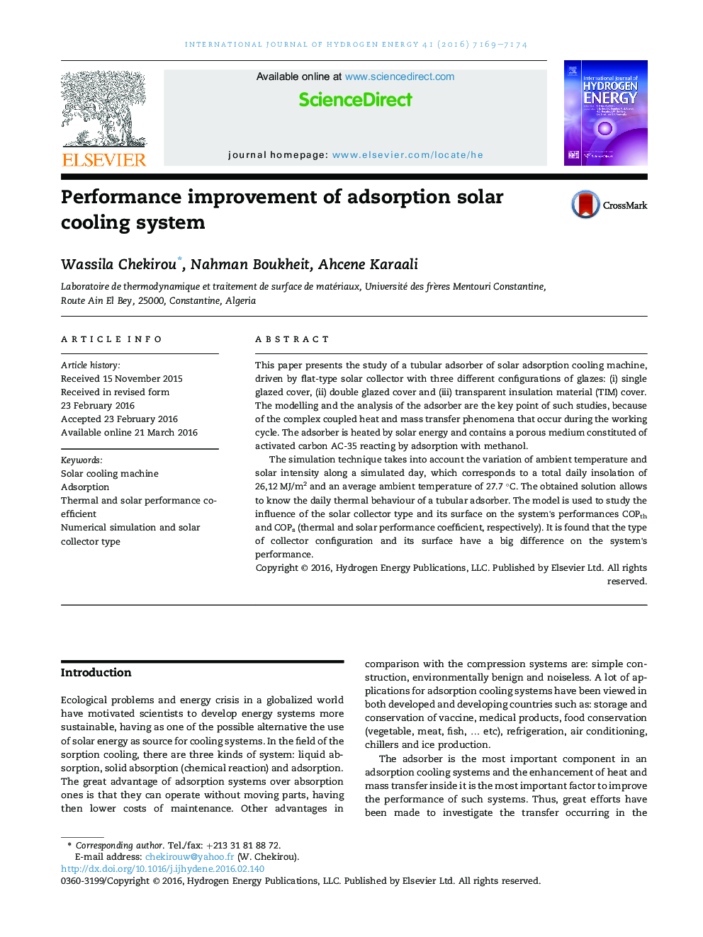 Performance improvement of adsorption solar cooling system