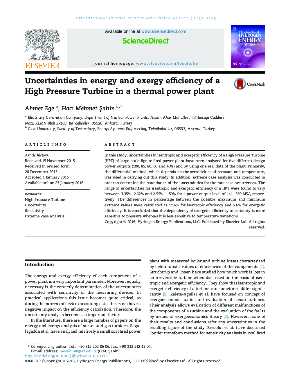 Uncertainties in energy and exergy efficiency of a High Pressure Turbine in a thermal power plant