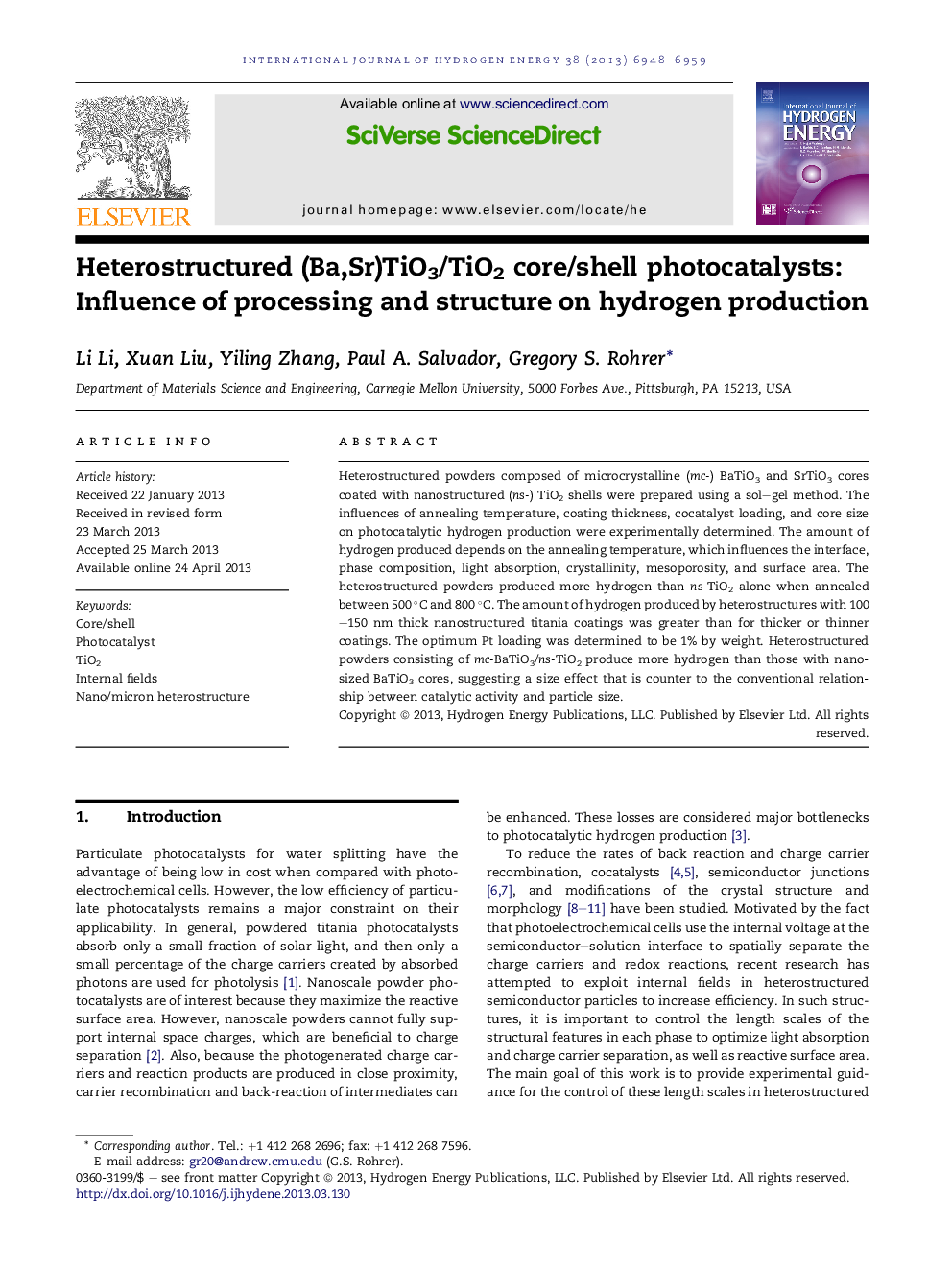 Heterostructured (Ba,Sr)TiO3/TiO2 core/shell photocatalysts: Influence of processing and structure on hydrogen production