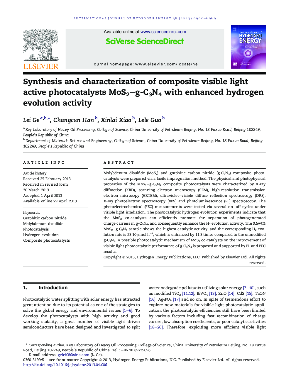 Synthesis and characterization of composite visible light active photocatalysts MoS2–g-C3N4 with enhanced hydrogen evolution activity