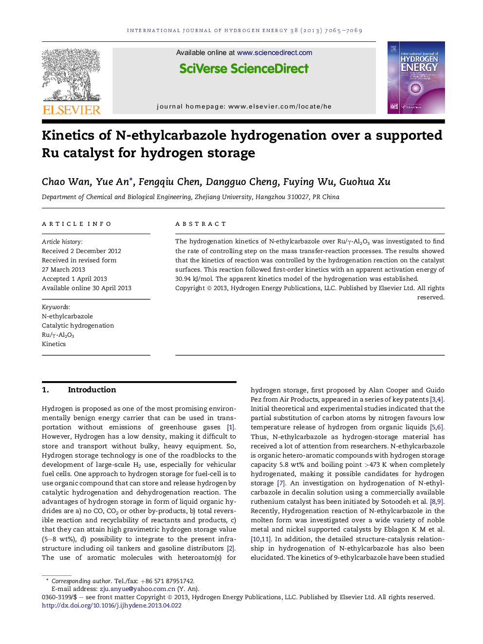 Kinetics of N-ethylcarbazole hydrogenation over a supported Ru catalyst for hydrogen storage