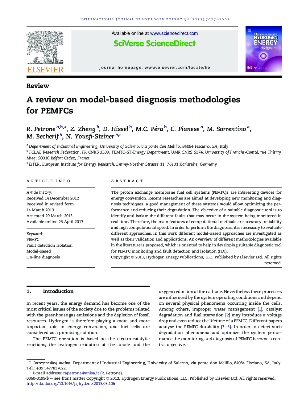 A review on model-based diagnosis methodologies for PEMFCs