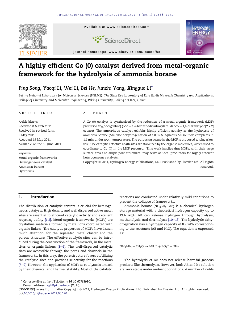 A highly efficient Co (0) catalyst derived from metal-organic framework for the hydrolysis of ammonia borane