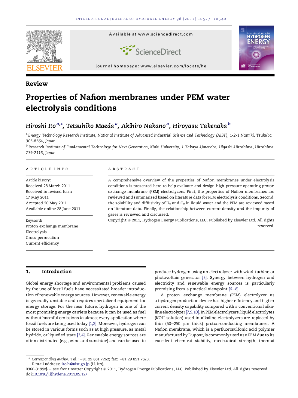 Properties of Nafion membranes under PEM water electrolysis conditions