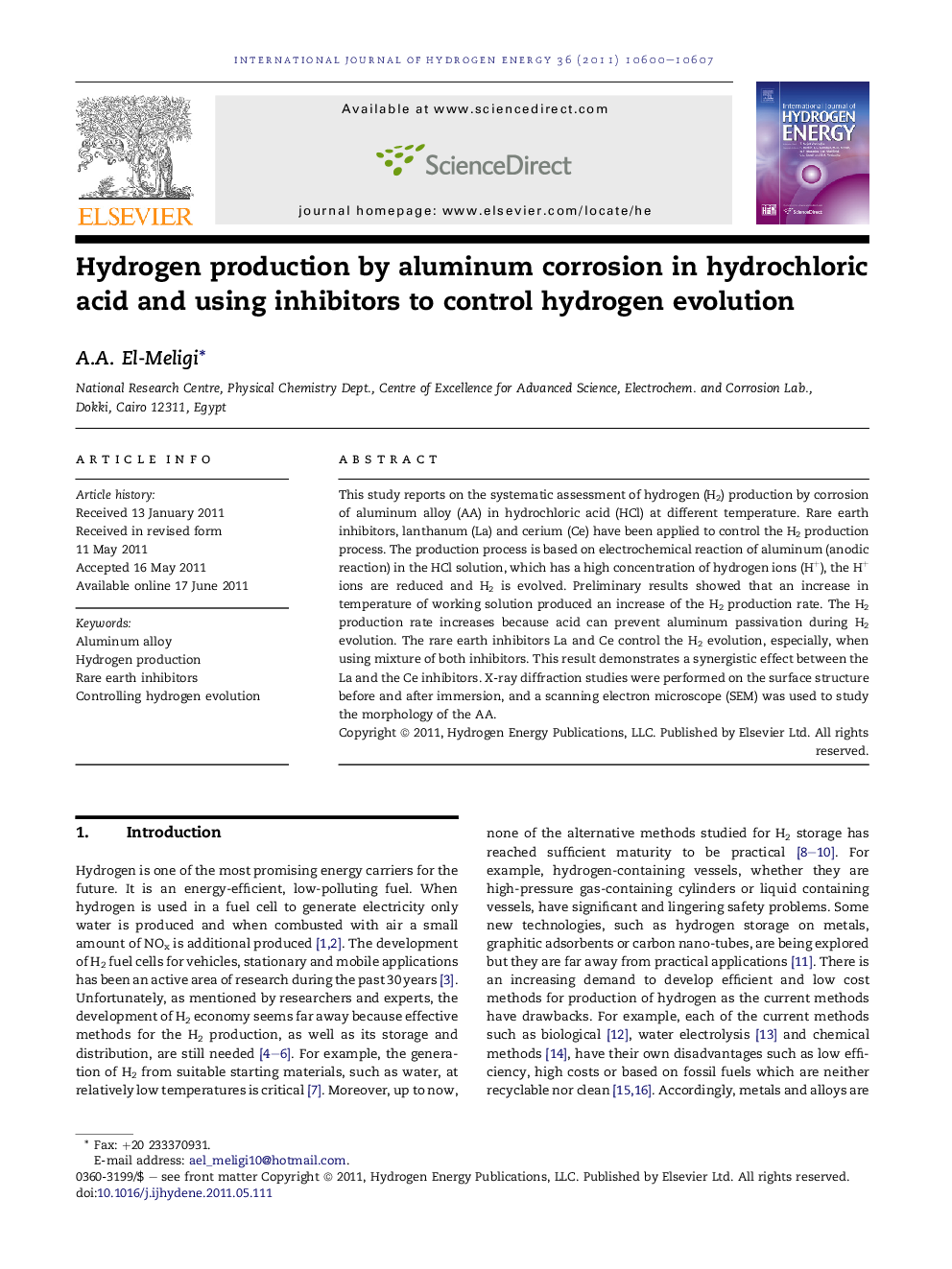 Hydrogen production by aluminum corrosion in hydrochloric acid and using inhibitors to control hydrogen evolution