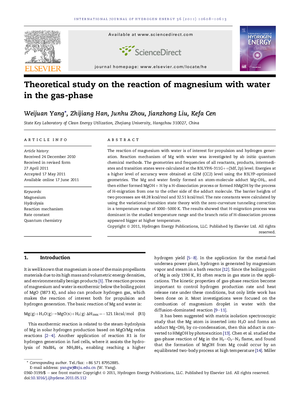 Theoretical study on the reaction of magnesium with water in the gas-phase