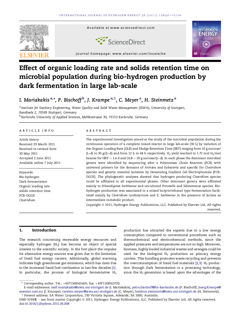 Effect of organic loading rate and solids retention time on microbial population during bio-hydrogen production by dark fermentation in large lab-scale