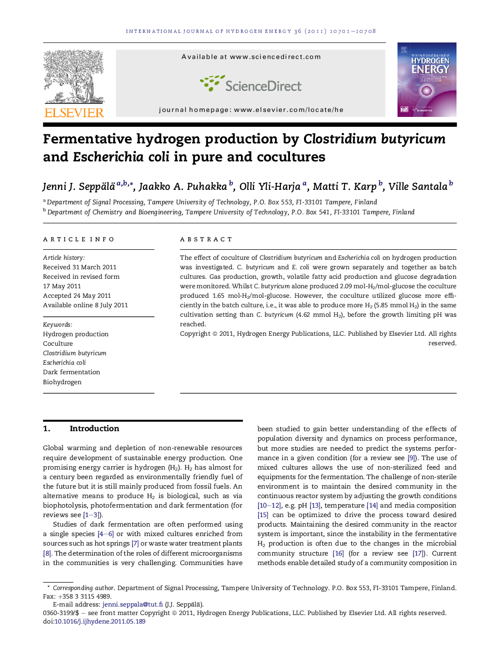 Fermentative hydrogen production by Clostridium butyricum and Escherichia coli in pure and cocultures