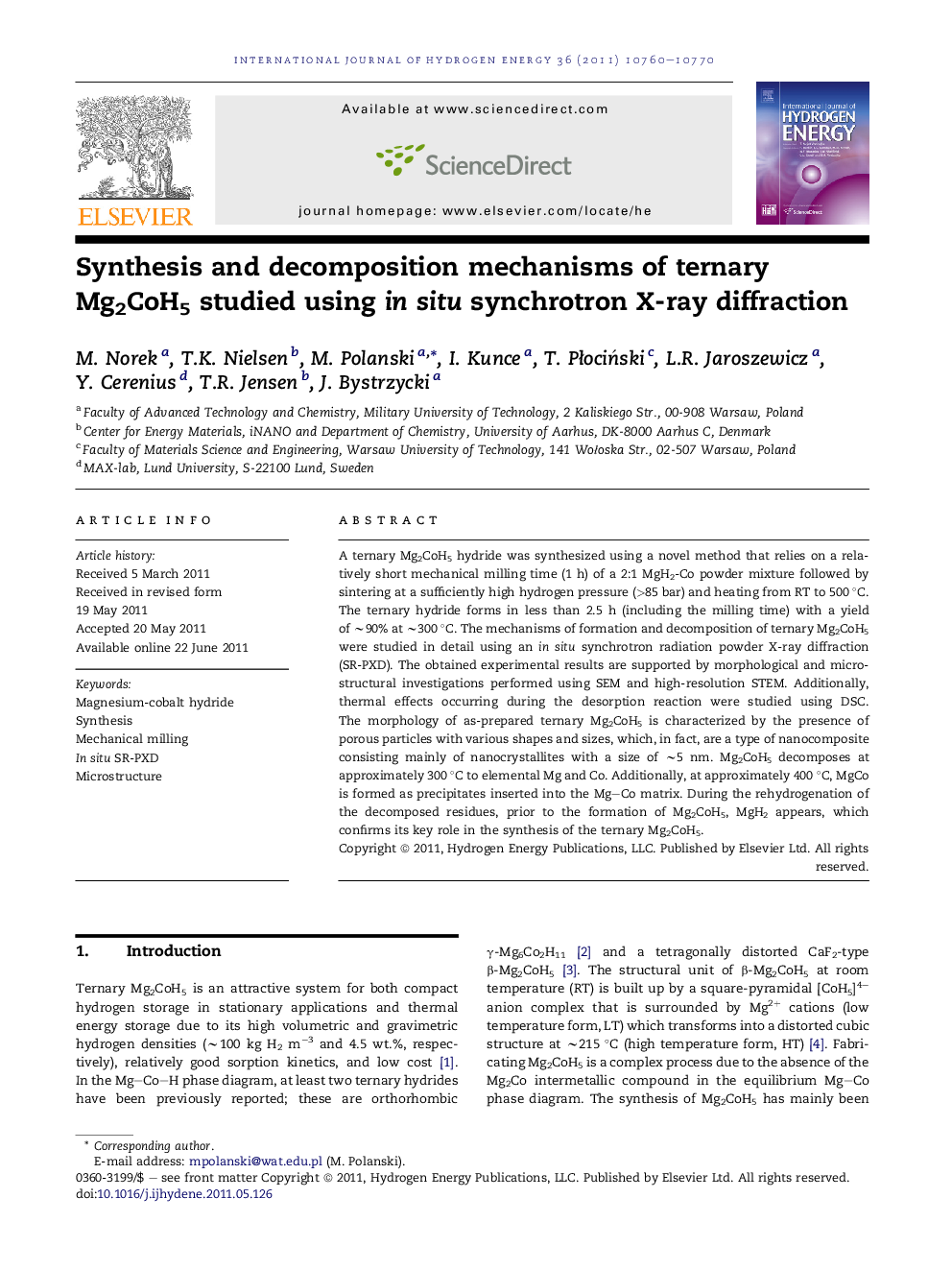 Synthesis and decomposition mechanisms of ternary Mg2CoH5 studied using in situ synchrotron X-ray diffraction