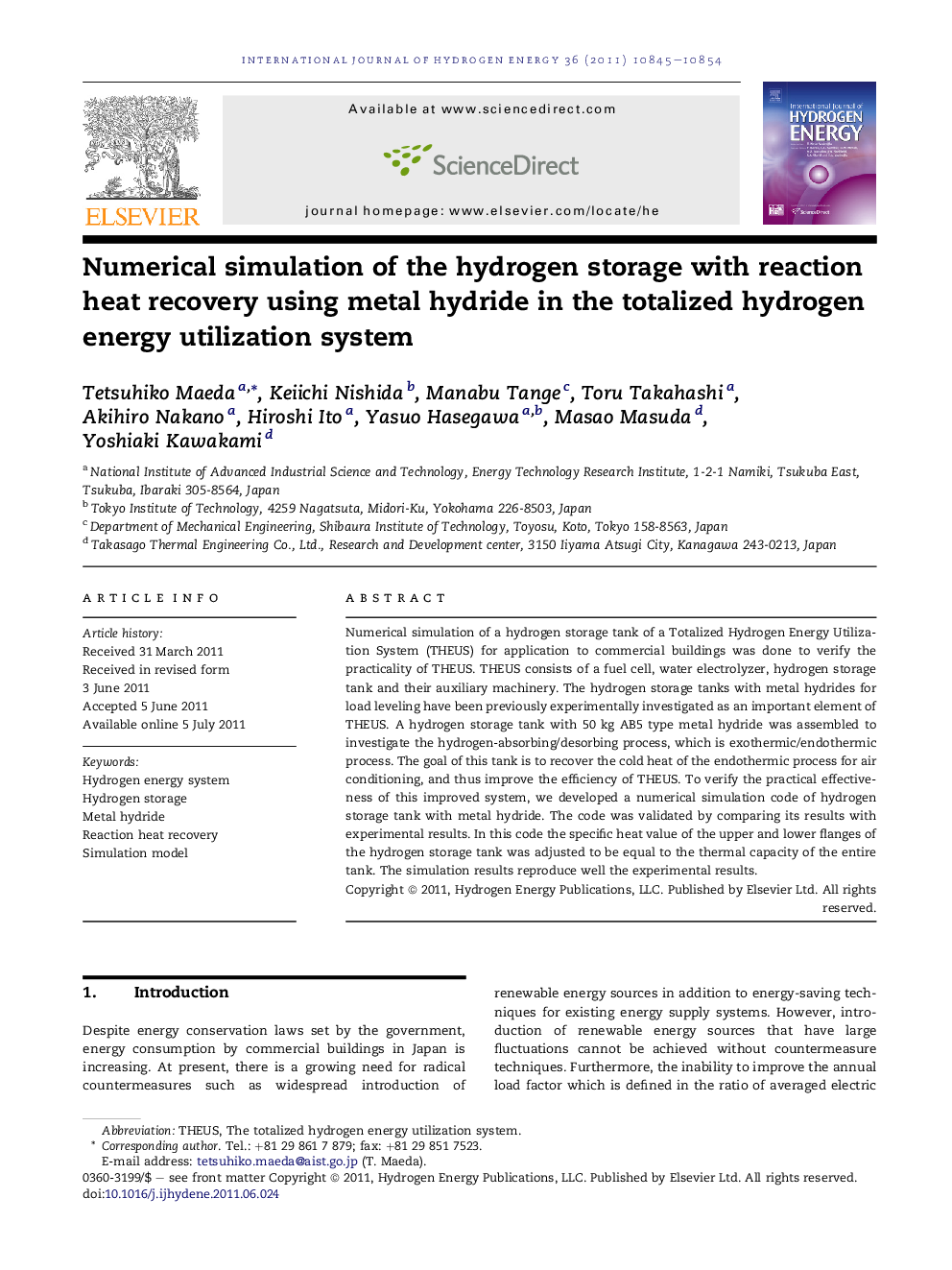 Numerical simulation of the hydrogen storage with reaction heat recovery using metal hydride in the totalized hydrogen energy utilization system