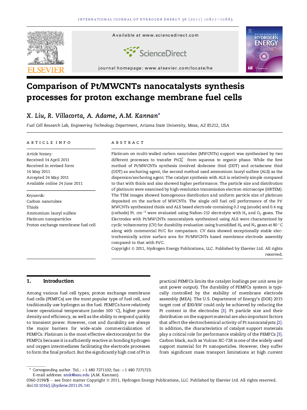 Comparison of Pt/MWCNTs nanocatalysts synthesis processes for proton exchange membrane fuel cells