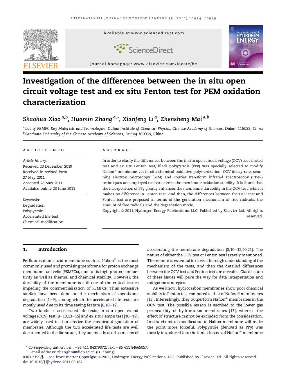 Investigation of the differences between the in situ open circuit voltage test and ex situ Fenton test for PEM oxidation characterization