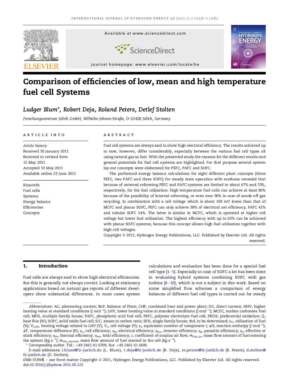 Comparison of efficiencies of low, mean and high temperature fuel cell Systems