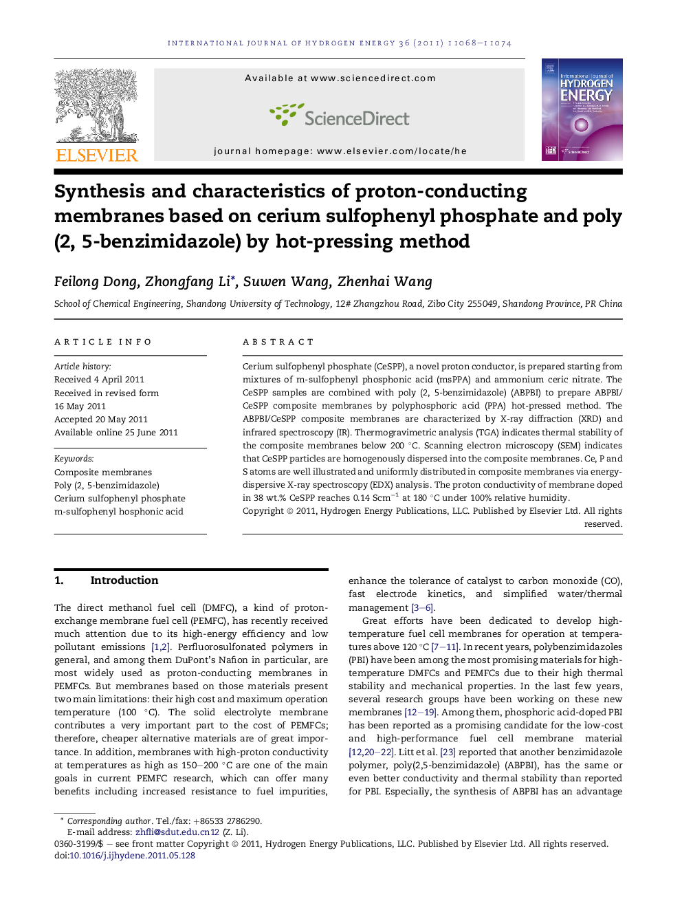 Synthesis and characteristics of proton-conducting membranes based on cerium sulfophenyl phosphate and poly (2, 5-benzimidazole) by hot-pressing method