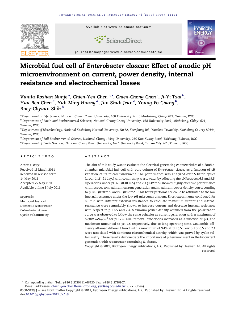 Microbial fuel cell of Enterobacter cloacae: Effect of anodic pH microenvironment on current, power density, internal resistance and electrochemical losses