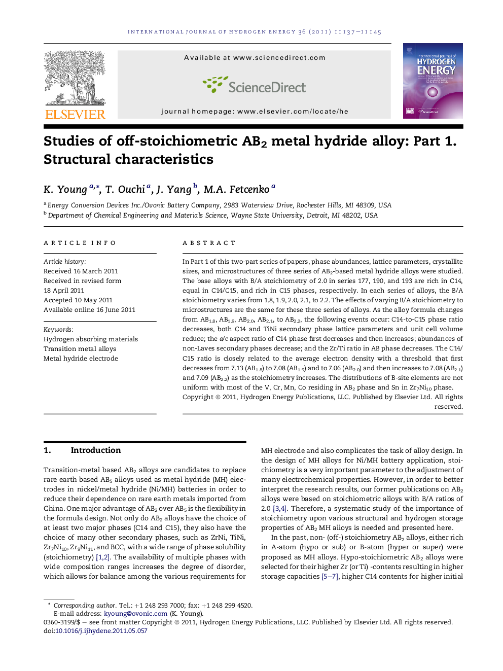 Studies of off-stoichiometric AB2 metal hydride alloy: Part 1. Structural characteristics