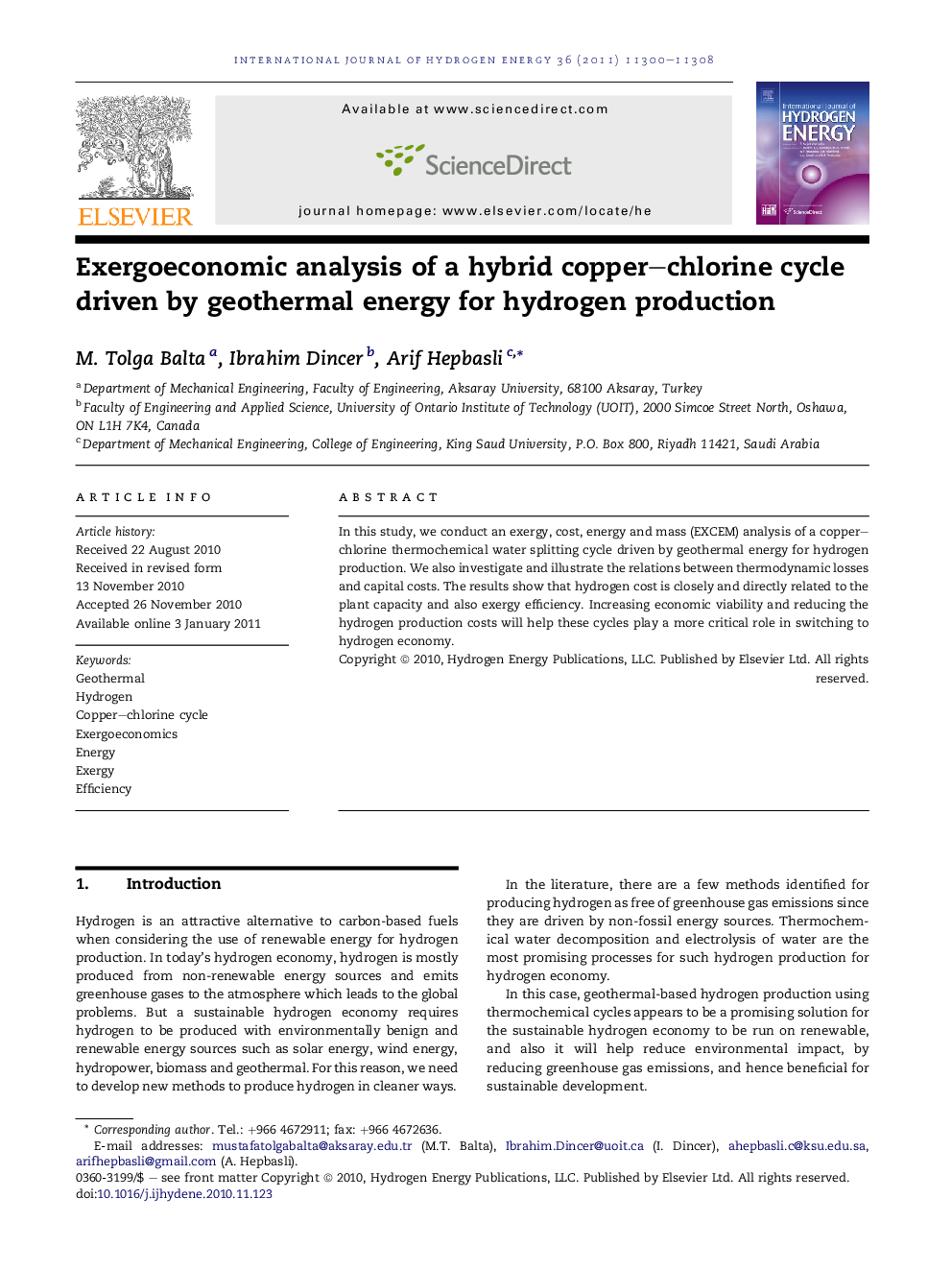 Exergoeconomic analysis of a hybrid copper–chlorine cycle driven by geothermal energy for hydrogen production