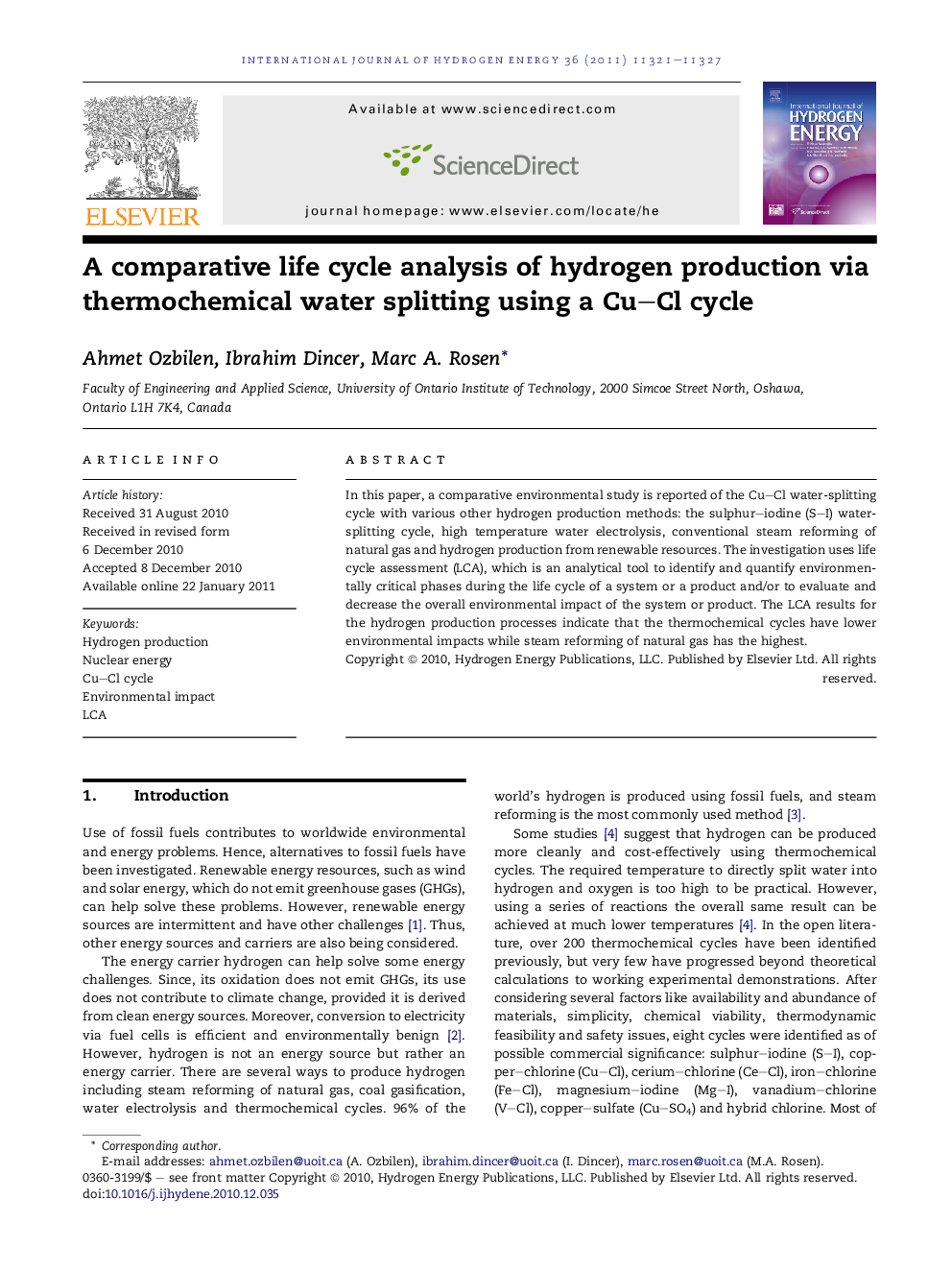 A comparative life cycle analysis of hydrogen production via thermochemical water splitting using a Cu–Cl cycle