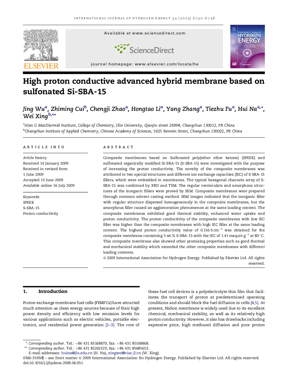 High proton conductive advanced hybrid membrane based on sulfonated Si-SBA-15