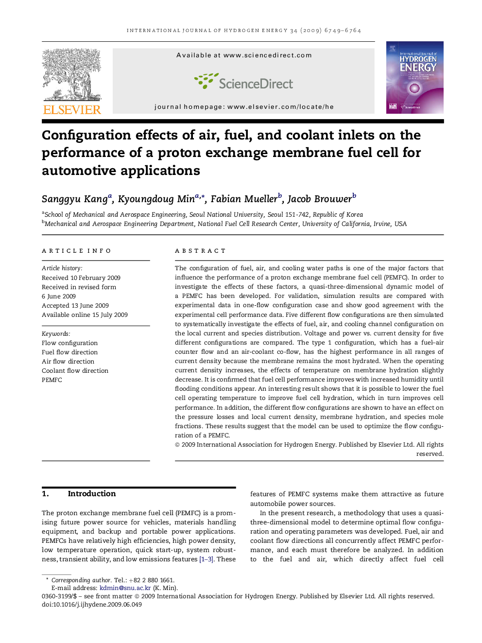 Configuration effects of air, fuel, and coolant inlets on the performance of a proton exchange membrane fuel cell for automotive applications