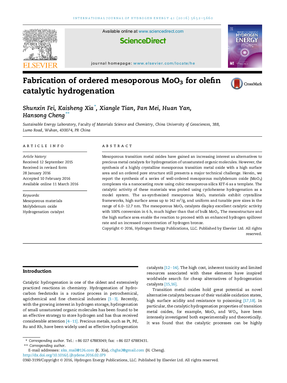 Fabrication of ordered mesoporous MoO3 for olefin catalytic hydrogenation