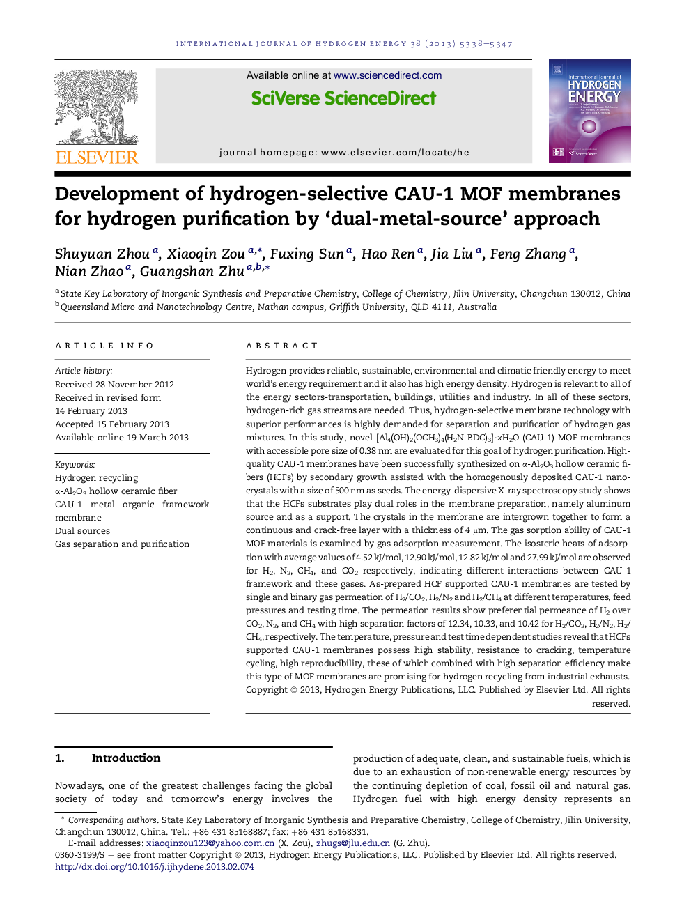 Development of hydrogen-selective CAU-1 MOF membranes for hydrogen purification by ‘dual-metal-source’ approach