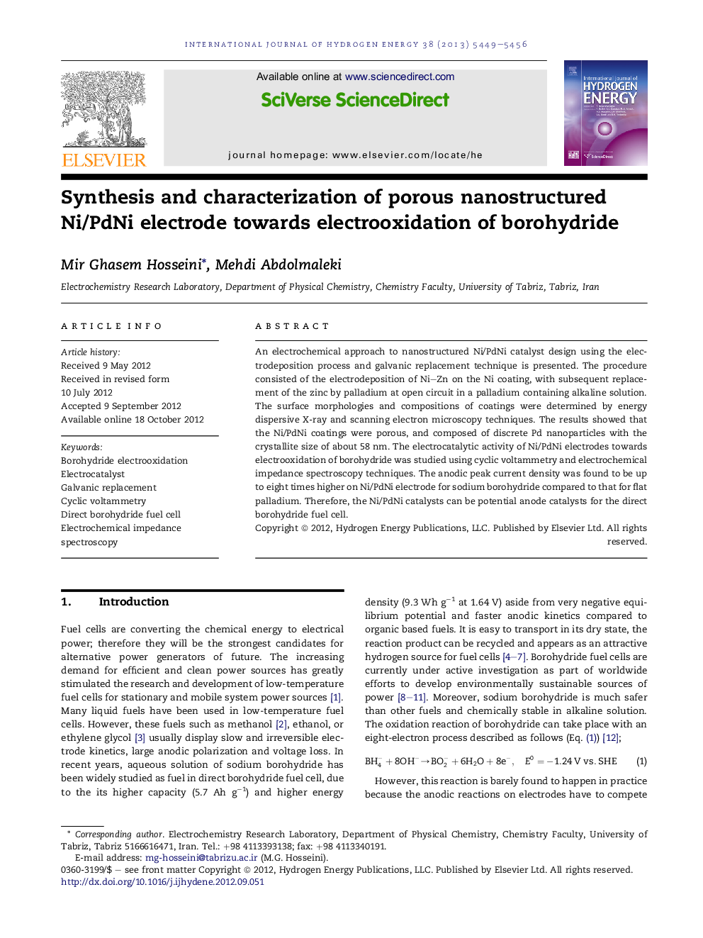 Synthesis and characterization of porous nanostructured Ni/PdNi electrode towards electrooxidation of borohydride