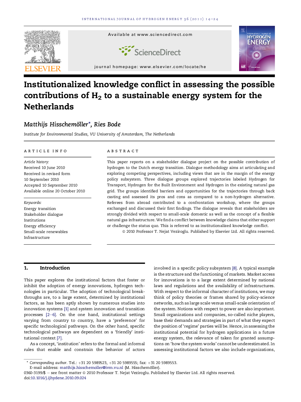 Institutionalized knowledge conflict in assessing the possible contributions of H2 to a sustainable energy system for the Netherlands