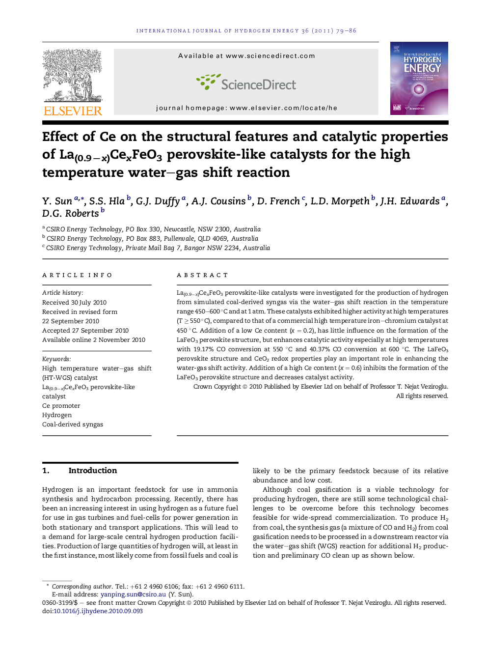 Effect of Ce on the structural features and catalytic properties of La(0.9−x)CexFeO3 perovskite-like catalysts for the high temperature water–gas shift reaction