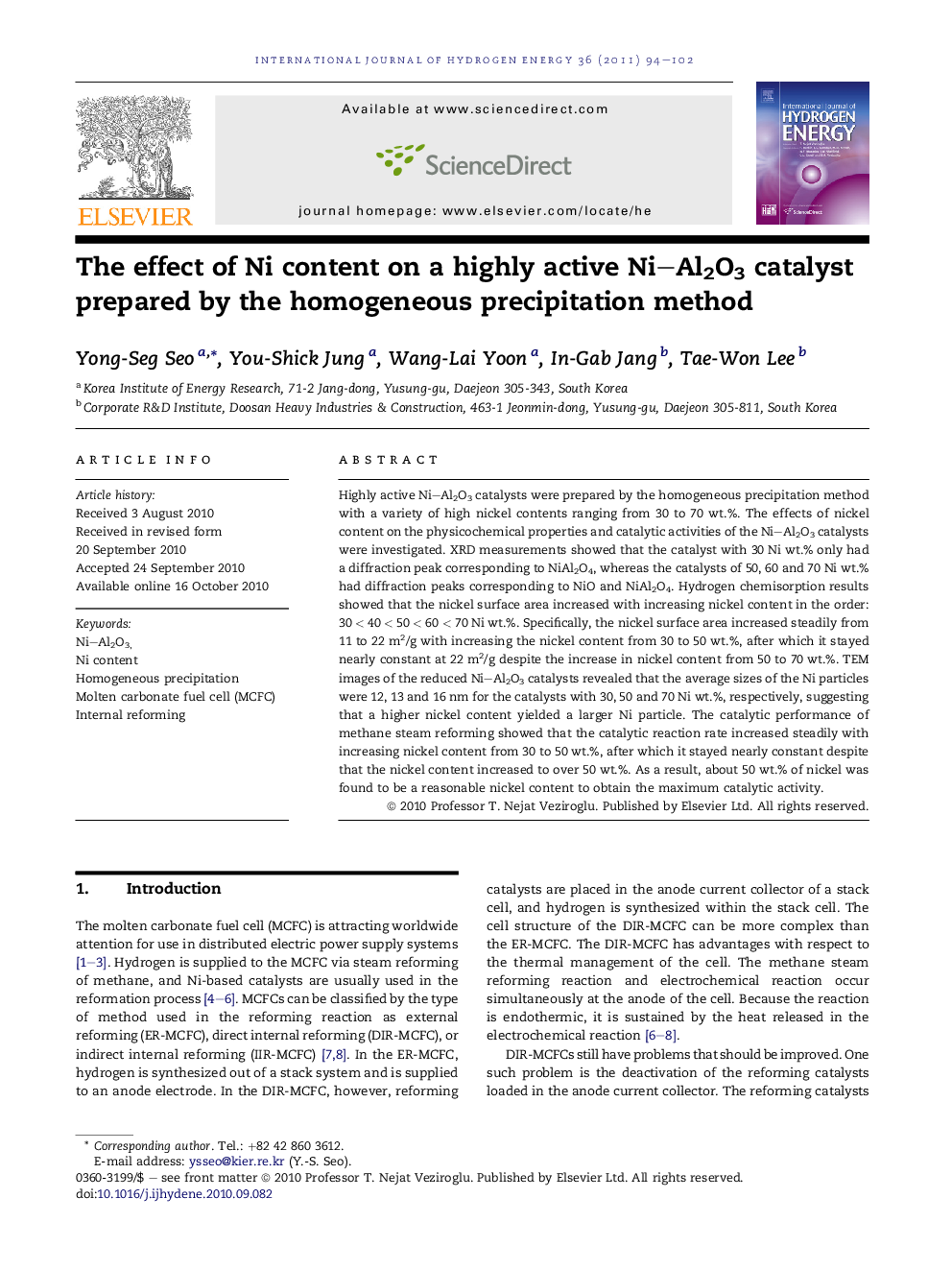 The effect of Ni content on a highly active Ni–Al2O3 catalyst prepared by the homogeneous precipitation method