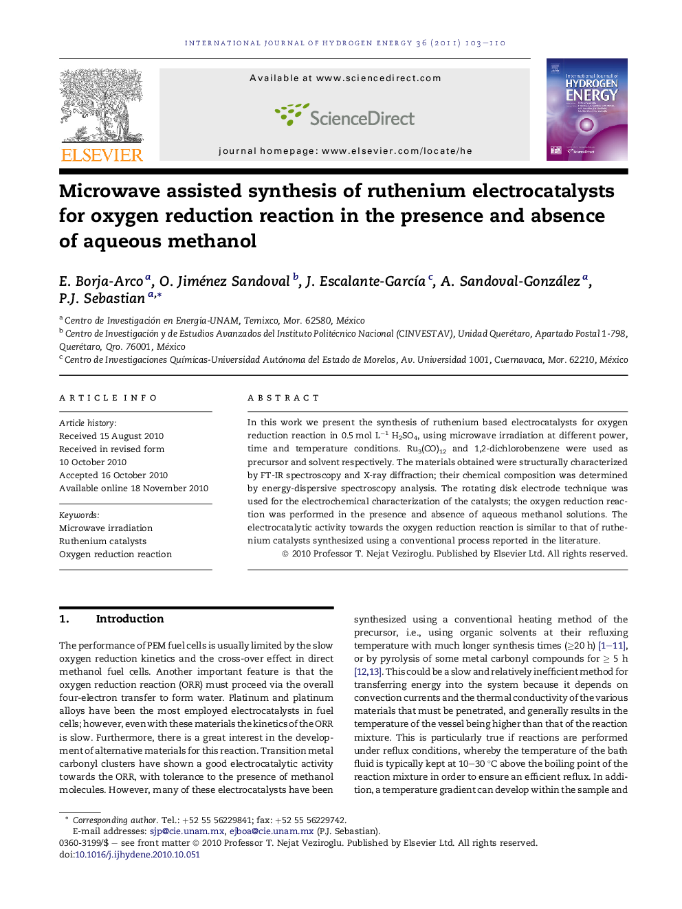 Microwave assisted synthesis of ruthenium electrocatalysts for oxygen reduction reaction in the presence and absence of aqueous methanol