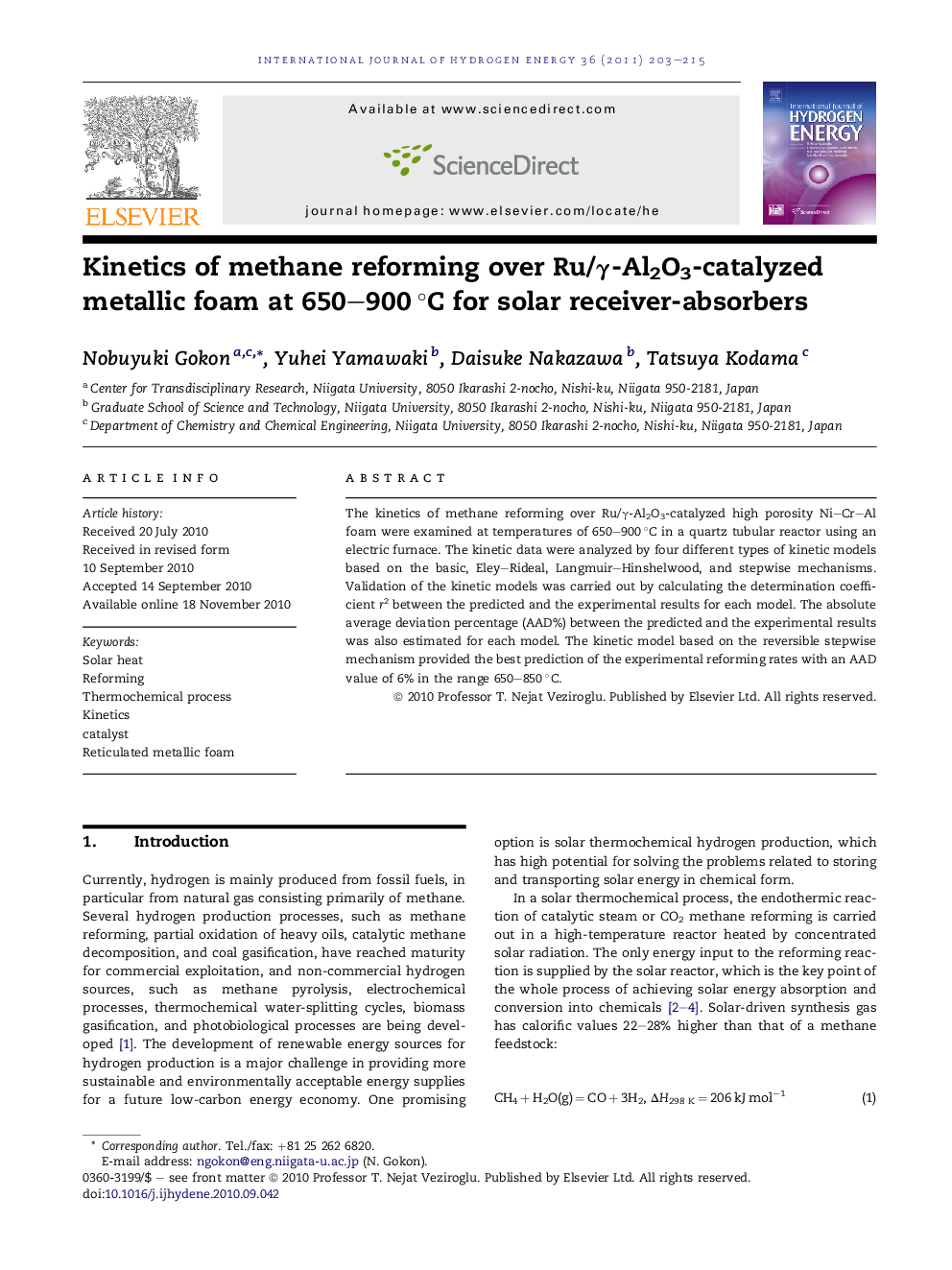 Kinetics of methane reforming over Ru/γ-Al2O3-catalyzed metallic foam at 650–900 °C for solar receiver-absorbers