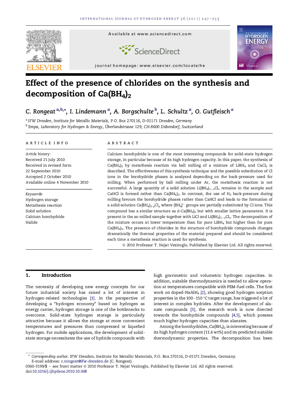 Effect of the presence of chlorides on the synthesis and decomposition of Ca(BH4)2