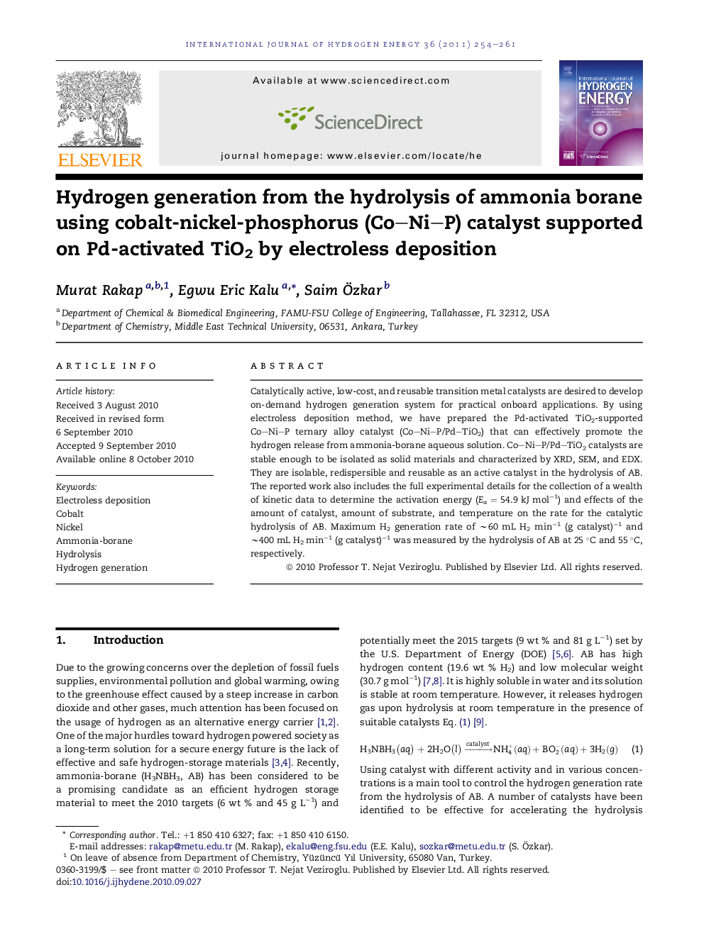 Hydrogen generation from the hydrolysis of ammonia borane using cobalt-nickel-phosphorus (Co–Ni–P) catalyst supported on Pd-activated TiO2 by electroless deposition