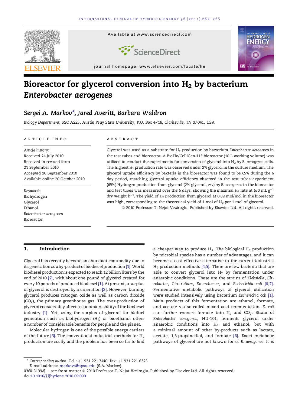 Bioreactor for glycerol conversion into H2 by bacterium Enterobacter aerogenes