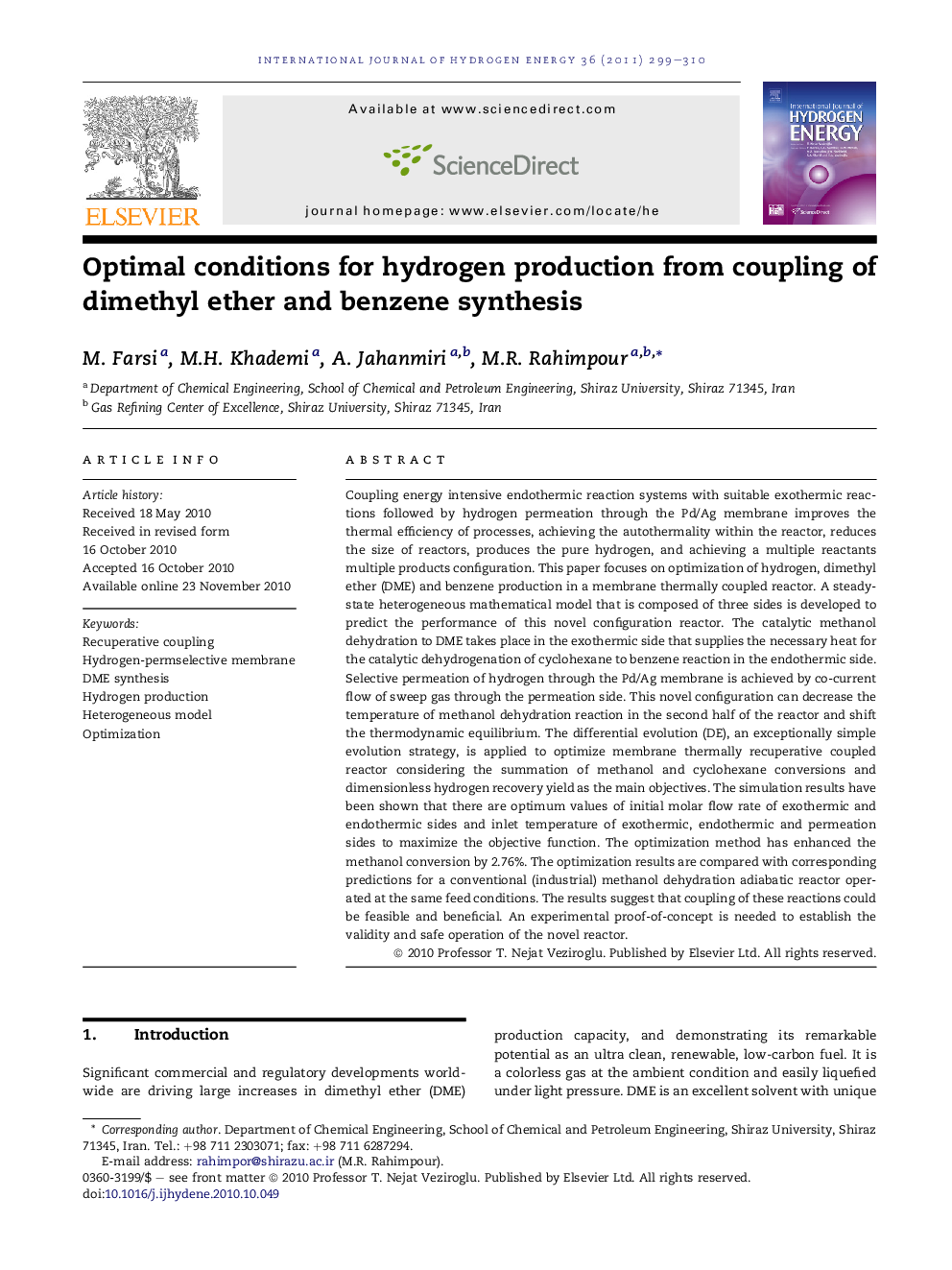 Optimal conditions for hydrogen production from coupling of dimethyl ether and benzene synthesis