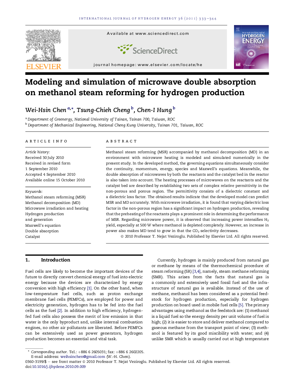 Modeling and simulation of microwave double absorption on methanol steam reforming for hydrogen production