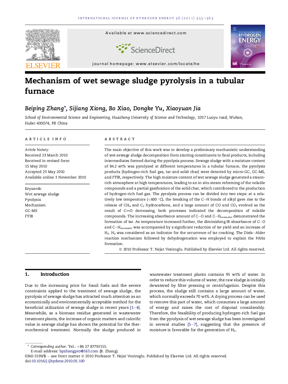 Mechanism of wet sewage sludge pyrolysis in a tubular furnace